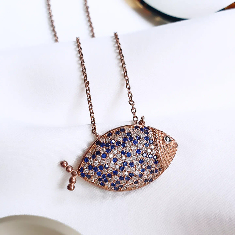 گردنبند نقره ماهی نگین رنگی