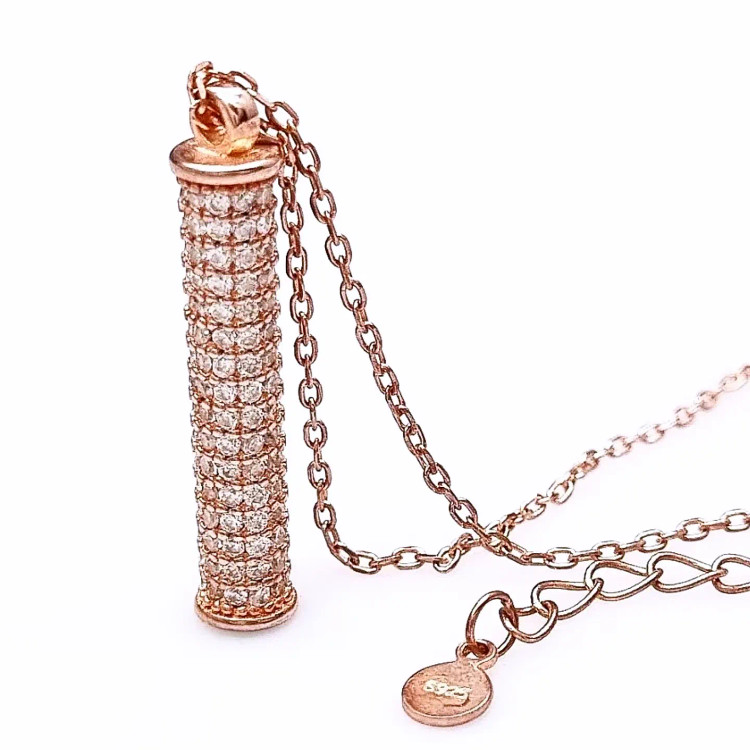 زنجیر پلاک نقره استوانه فول نگین