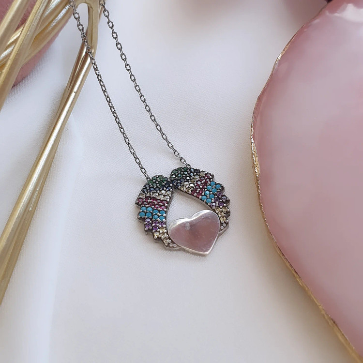 گردنی نقره زنانه مولتی کالر بال فرشته با قلب