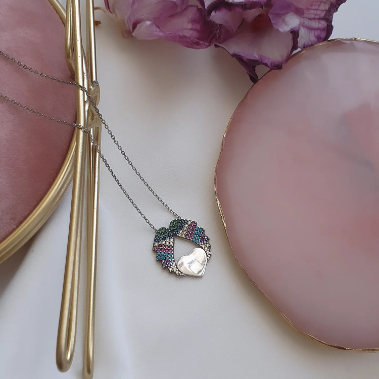 گردنبند نقره زنانه نگین رنگی بال فرشته با قلب