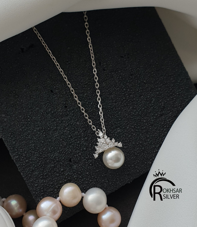 گردنی نقره با مروارید اصل و زنجیر ایتالیا