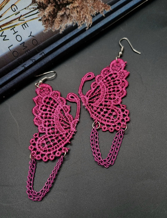 گوشواره پروانه گیپوری سرخابی تیره