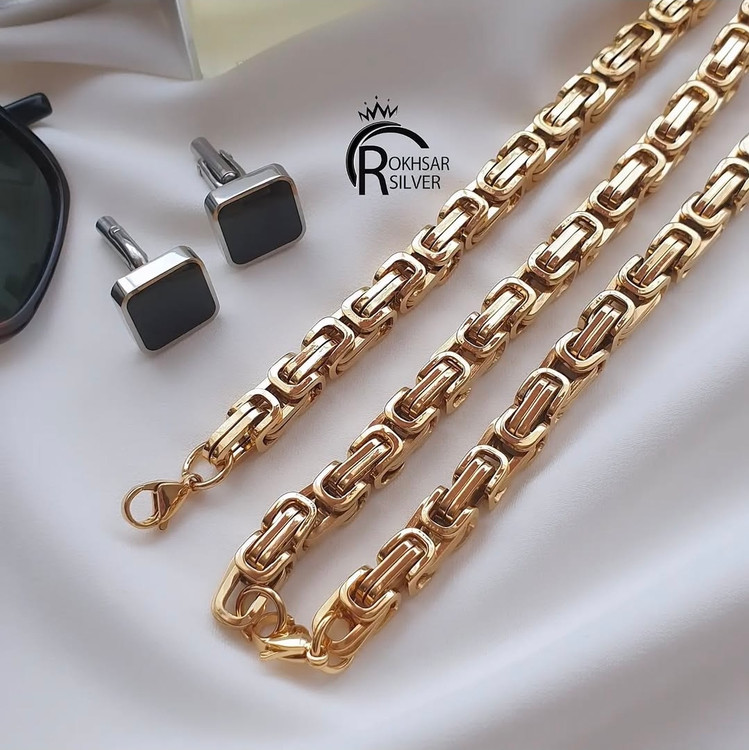 گردنی استیل با دستبند مدل تسمه ای رنگ طلایی