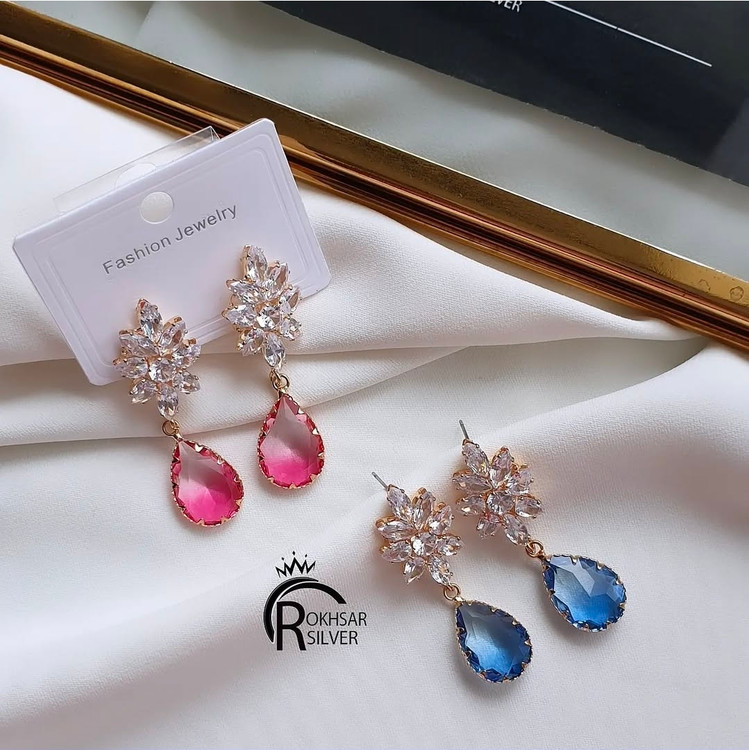 گوشواره جواهری مجلسی با نگین صورتی