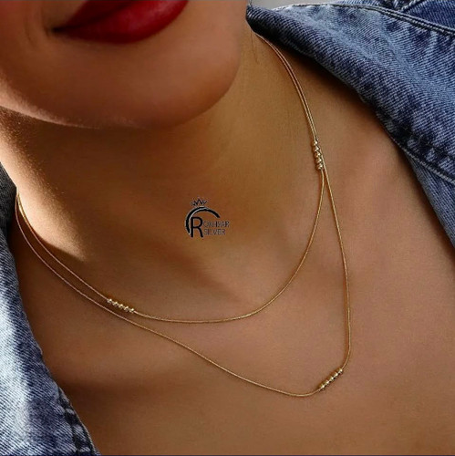 گردنی زنانه استیل طلایی و رنگ ثابت و مدل دو زنجیره