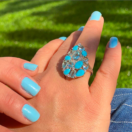 انگشتر نقره با نگین آبی خوشه ای و عیار ۹۲۵