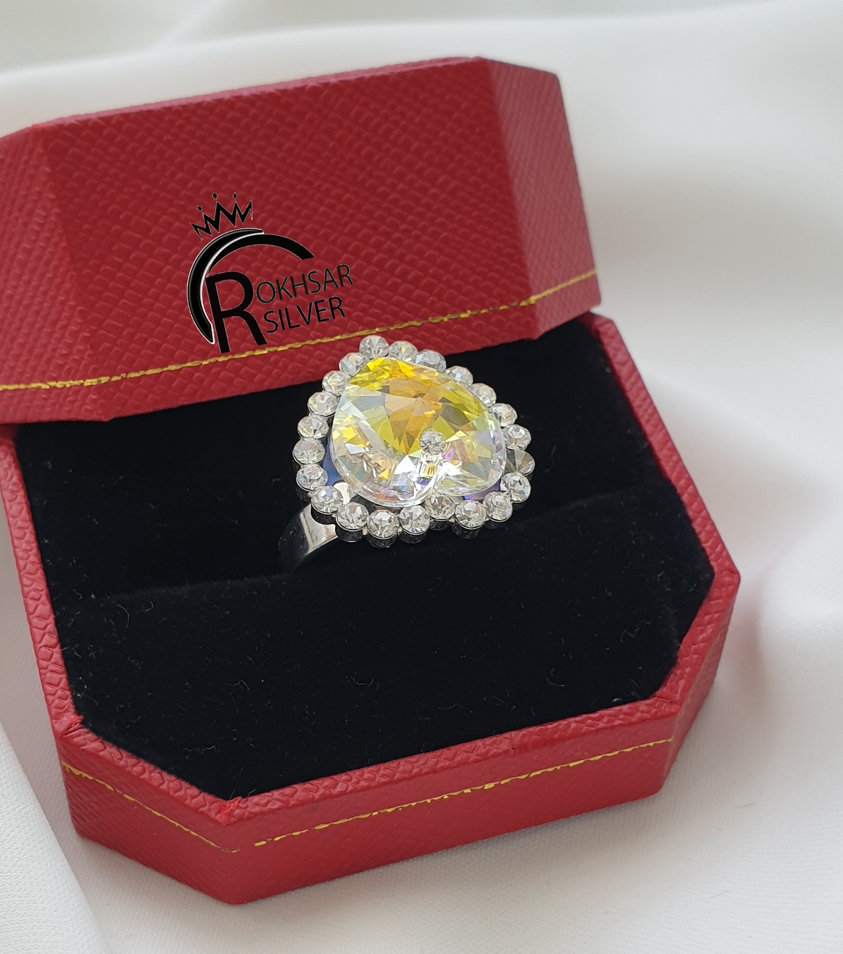 انگشتر دخترانه فانتزی مدل قلب با سنگ سوارسکی هفت رنگ کد RS_1781