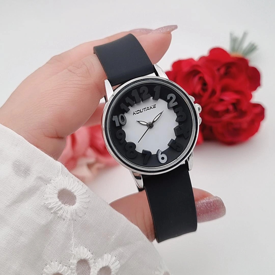 ساعت مچی زنانه صفحه گرد با بند سیلیکونی مشکی _ کد RS-2192