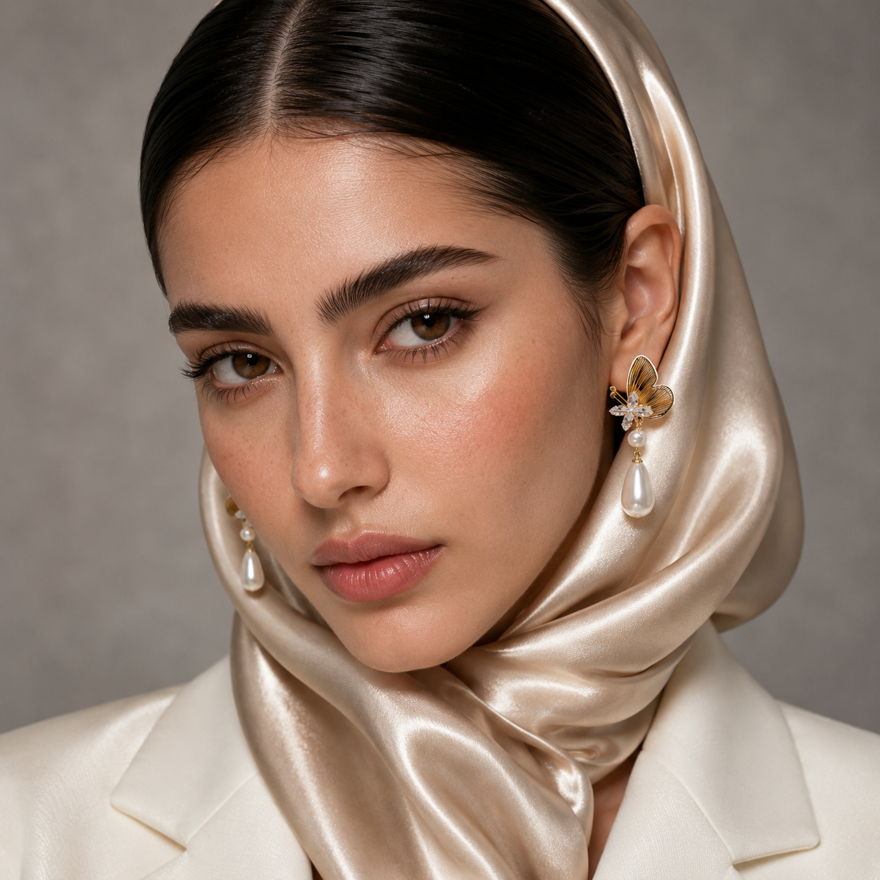 گوشواره زنانه مدل مروارید مخروطی و پروانه کد ۲۲۵۷