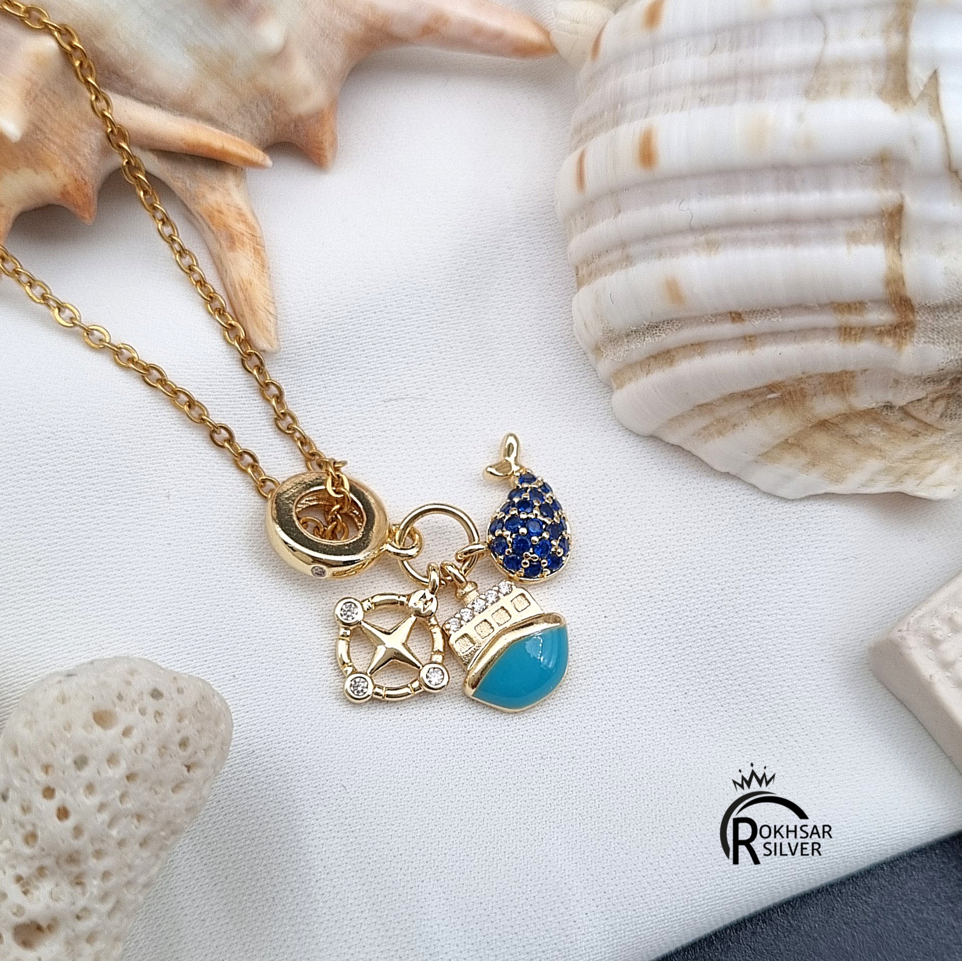 گردنبند زنانه مدل فانتزی پلاک لنگر و قایق و وال کد  RS_2364