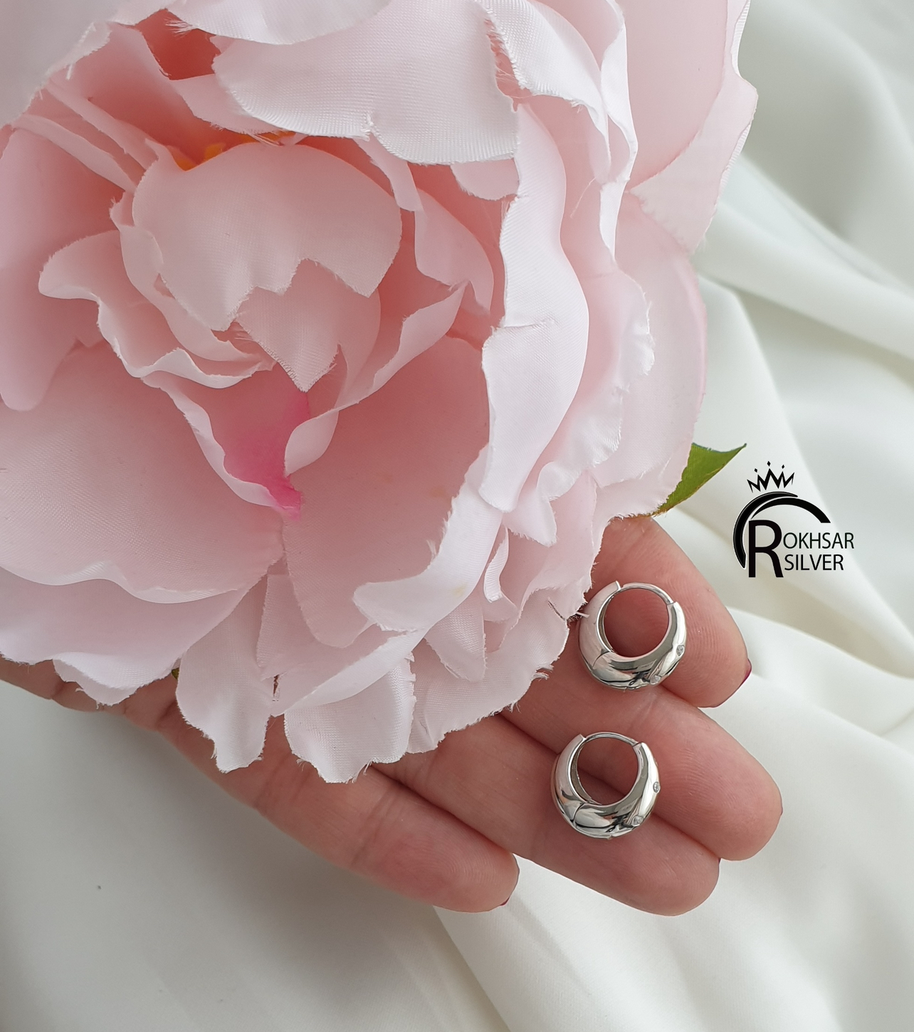 گوشواره نقره زنانه مدل حلقه ای کشکول نگیندار و ضد حساسیت کد RS_2416 