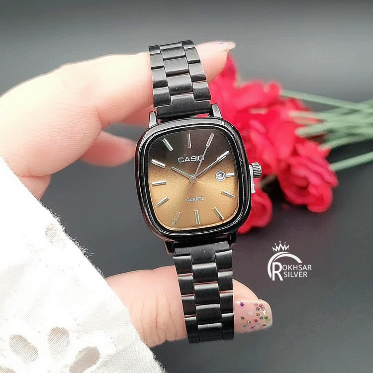 ساعت مچی زنانه برند کاسیو با صفحه قهوه ای طلایی و بند استیل مشکی کد RS_2423