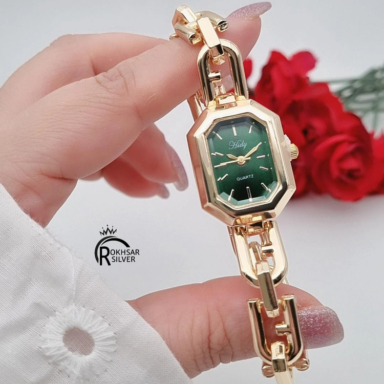 ساعت مچی زنانه طلایی هرمس با صفحه چند ضلعی زمرد کدRS_2436