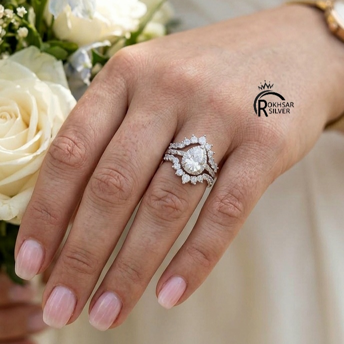 انگشتر نقره زنانه مدل حلقه و پشت حلقه 3 تایی  نگیندار با تک نگین اشک  کد RS_2464
