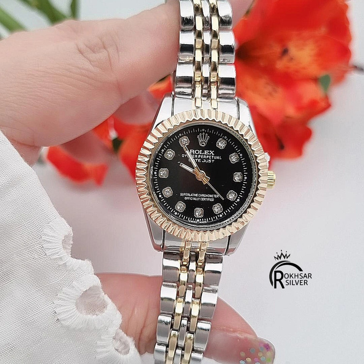 ساعت مچی زنانه رولکس صفحه گرد مشکی با بند فلزی دورنگ کد RS_2531