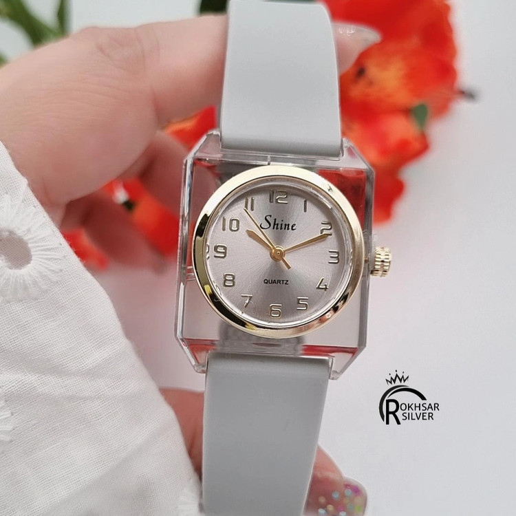ساعت مچی زنانه shine صفحه گرد قاب شفاف با بند سیلیکونی طوسی کد RS_2532