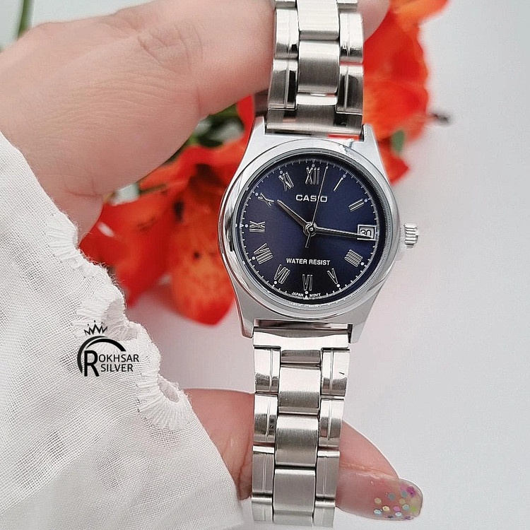 ساعت مچی زنانه کاسیو صفحه گرد سرمه ای با بند فلزی استیل کد RS_2535