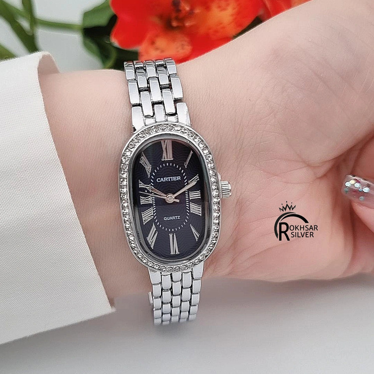 ساعت مچی زنانه طرح کارتیر صفحه بیضی سرمه ای با بند فلزی کد RS_2551