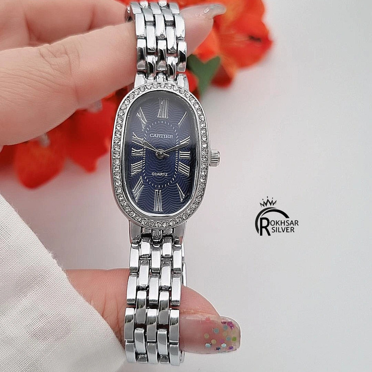 ساعت مچی زنانه طرح کارتیر صفحه بیضی سرمه ای با بند فلزی کد RS_2551