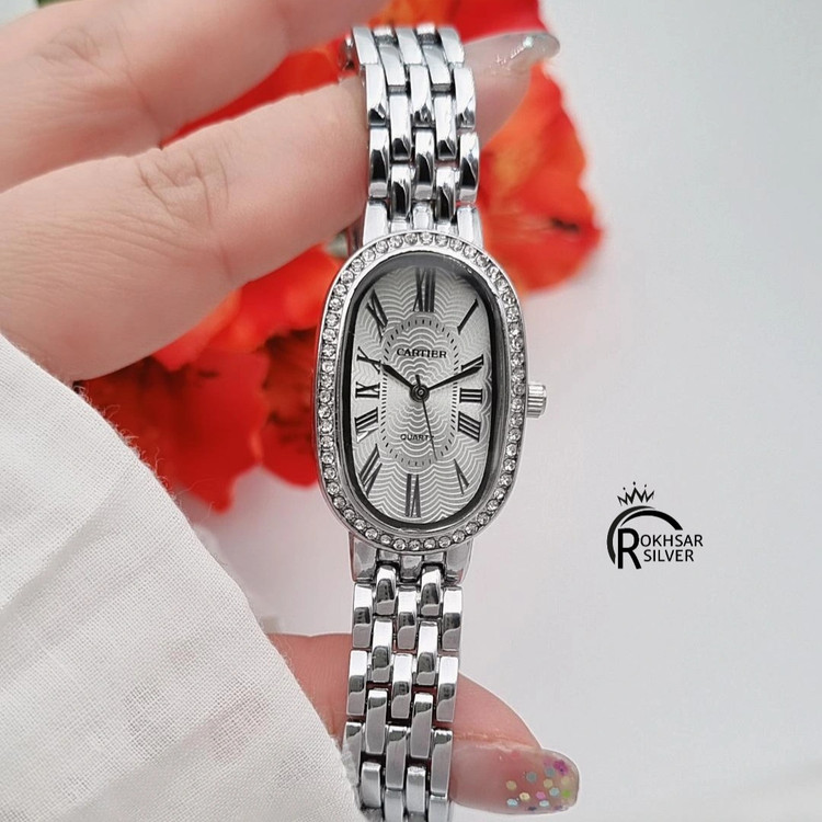 ساعت مچی زنانه طرح کارتیر صفحه بیضی نقره ای با بند فلزی کد RS_2552