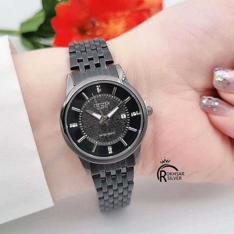 ساعت مچی زنانه سیتیزن مشکی صفحه گرد و بند فلزی کد RS_2566