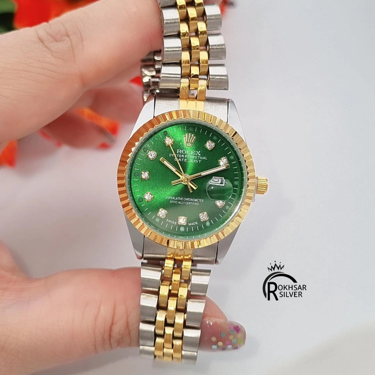 ساعت مچی زنانه رولکس صفحه سبز با بند استیل دو رنگ کد RS_2569