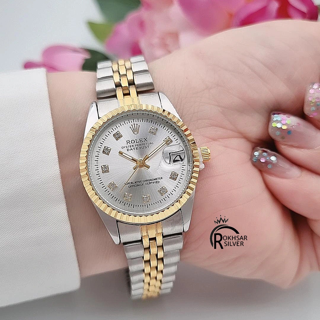 ساعت مچی زنانه رولکس صفحه نقره ای  با بند استیل دو رنگ  کد RS_2570