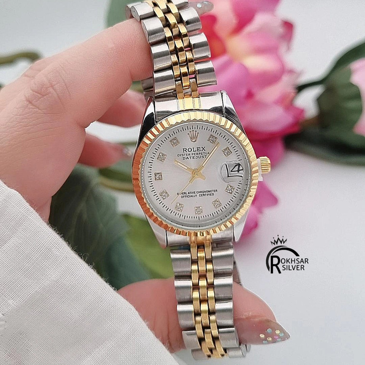 ساعت مچی زنانه رولکس صفحه نقره ای با بند استیل دو رنگ کد RS_2570