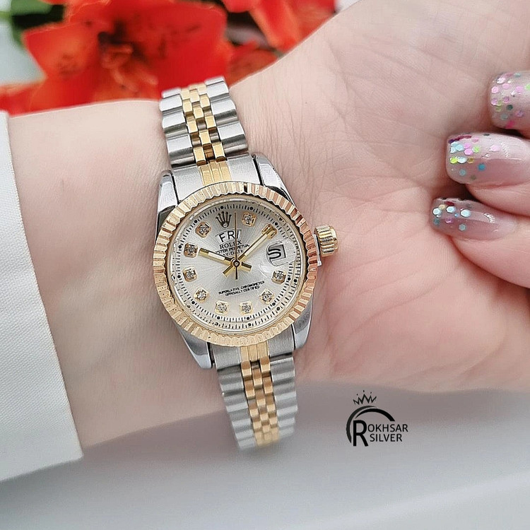 ساعت مچی ست خانم و آقا برند رولکس با صفحه نقره ای و بند استیل دو رنگ کد RS_2571