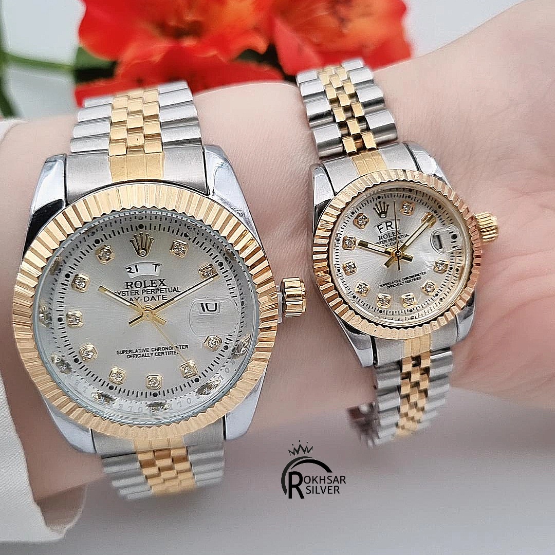 ساعت مچی  ست خانم و آقا برند رولکس با صفحه نقره ای و بند استیل دو رنگ کد RS_2571