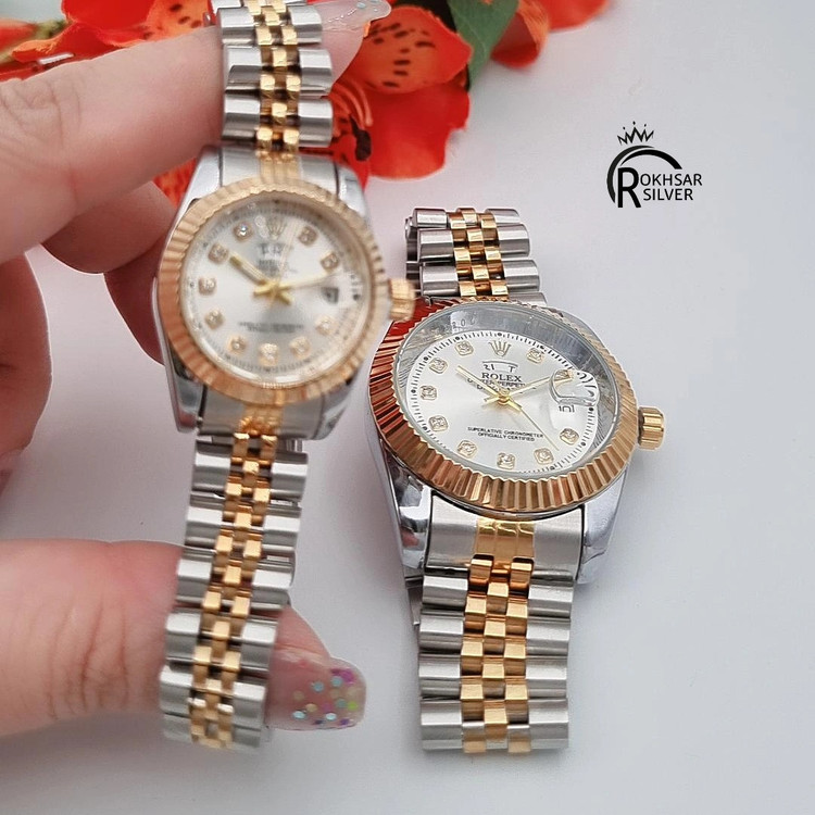 ساعت مچی ست خانم و آقا برند رولکس با صفحه نقره ای و بند استیل دو رنگ کد RS_2571
