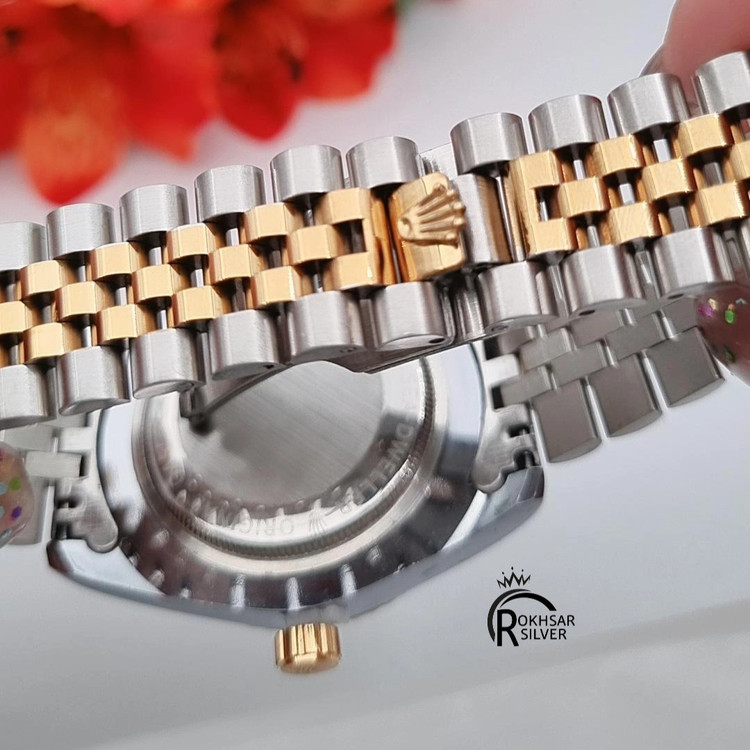 ساعت مچی ست خانم و آقا برند رولکس با صفحه نقره ای و بند استیل دو رنگ کد RS_2571