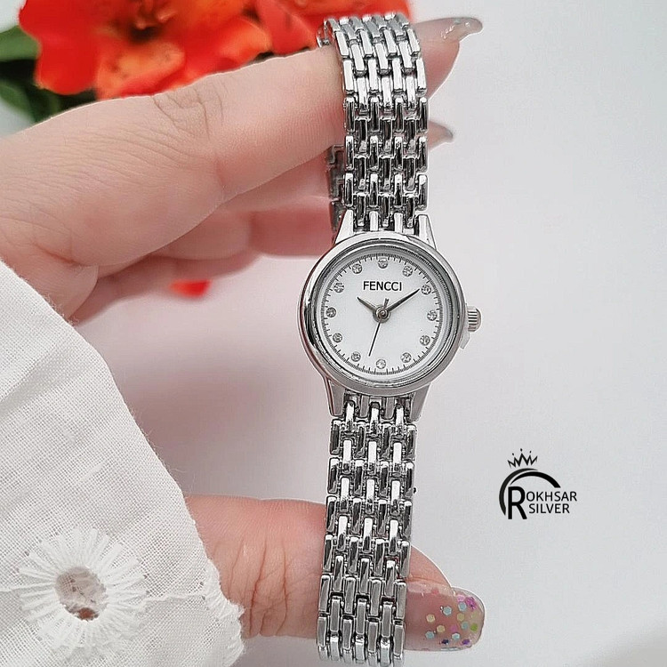 ساعت مچی زنانه فنسی صفحه گرد کوچک سفید با بند فلزی کد RS_2572