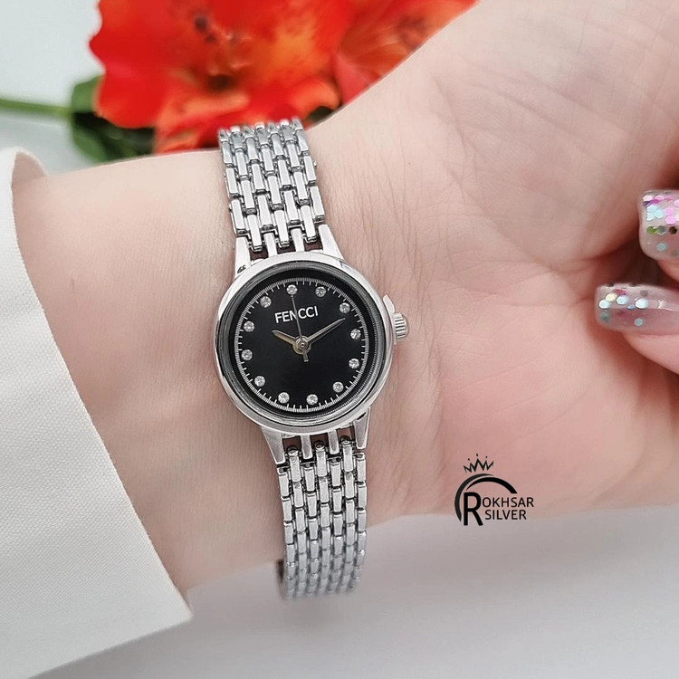 ساعت مچی زنانه فنسی صفحه گرد کوچک مشکی با بند فلزی کد RS_2573