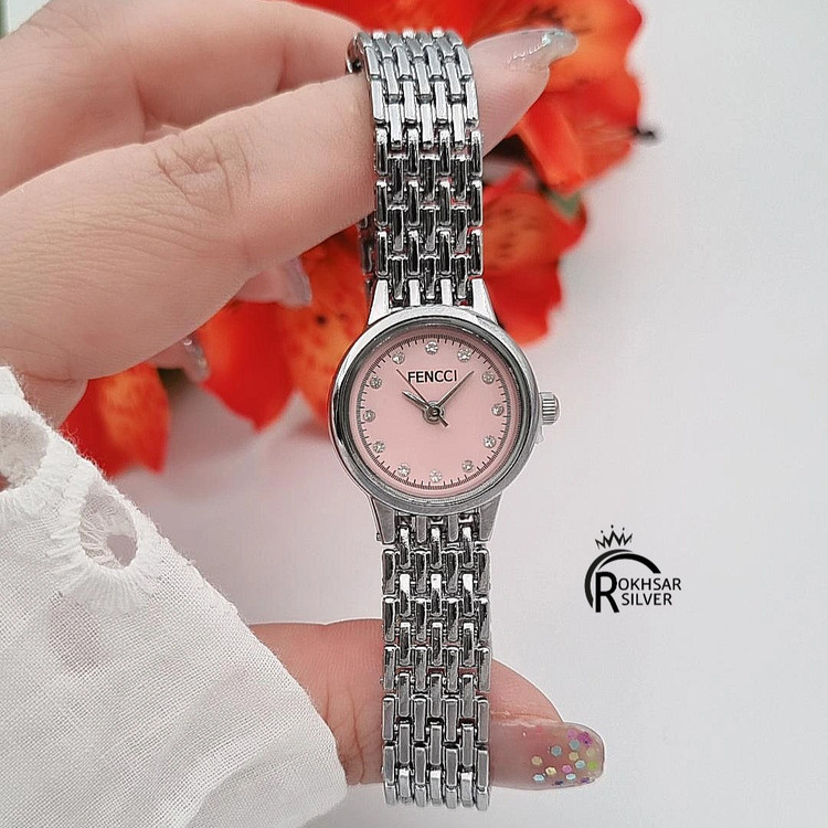 ساعت مچی زنانه فنسی صفحه گرد کوچک صورتی با بند فلزیکد RS_2574