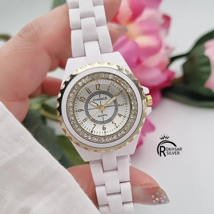 ساعت مچی زنانه شنل مدل صفحه گرد با بند پلاستیک فشرده ( بند طرح سرامیک ) کد RS_2578