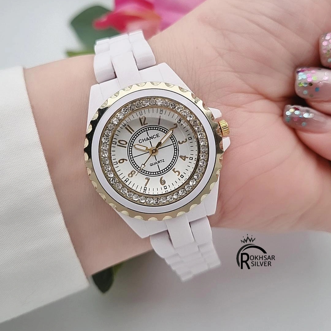 ساعت مچی زنانه شنل مدل صفحه گرد با بند پلاستیک فشرده ( بند طرح سرامیک ) کد RS_2578
