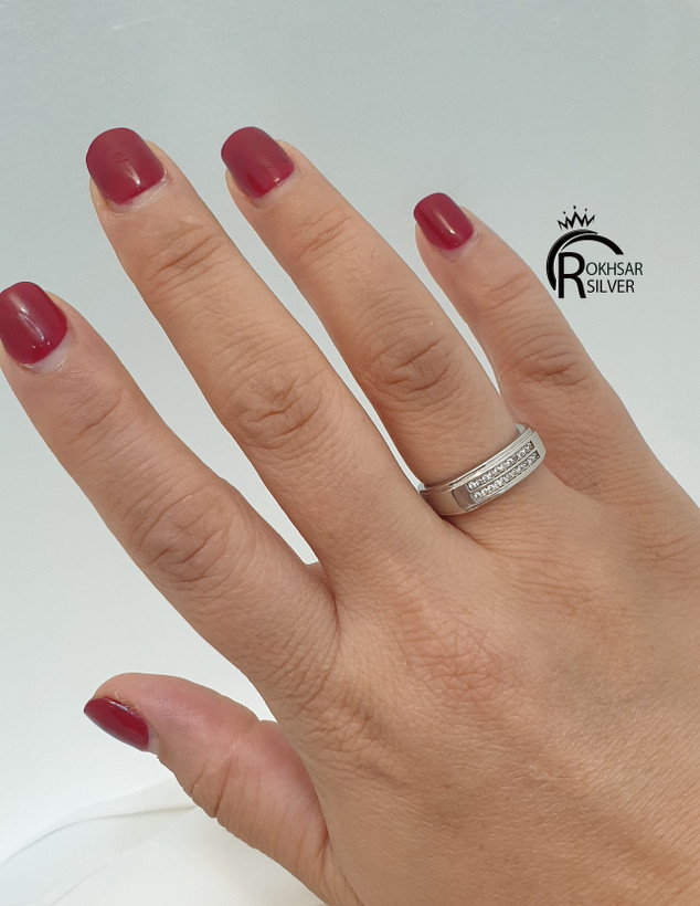 حلقه ست نقره زنانه و مردانه با عیار ۹۲۵مدل دو رج نگین اتمی و طرح طلا کد RS_2581